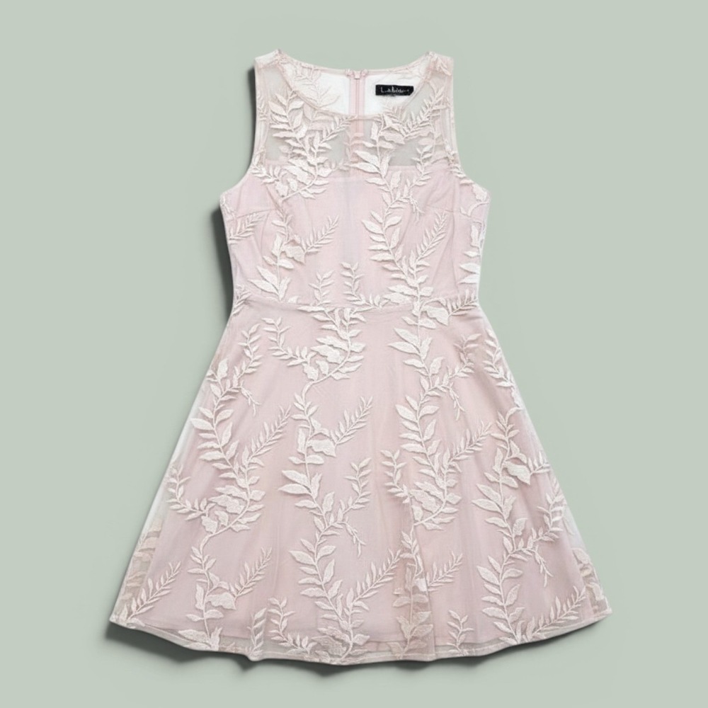 Lulus Dress Womens M Blush Pink New Floral Embroidered Mesh Fit Flare Sleeveless